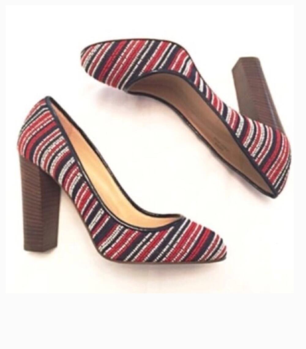 J. Crew Etta Bead Stitch Red White Blue Striped Pumps Block Heel Sz 10